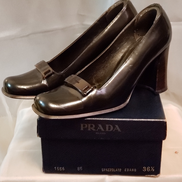 Prada dark brown stacked heels with a Prada name plate. Size 6.5 - Picture 2 of 7